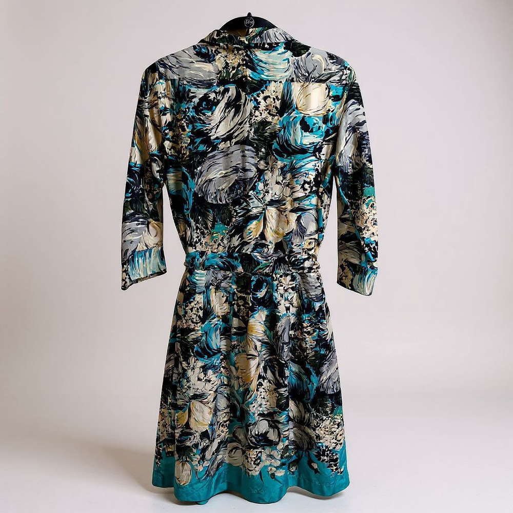 Nicole Farhi Silk Blend Turquoise Floral Button Up Belted Retro Midi Dress - Picture 2 of 16